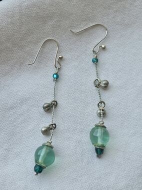 Silver and Teal Glass Bead Drop Earrings